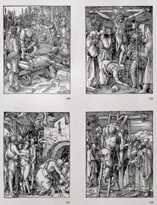 "Small Passion"-serien (medsols) The Nailing to the Cross; Korsfästelse; Kristus i Limbo; Nedstigningen från korset, pub. 1511 av Albrecht Dürer